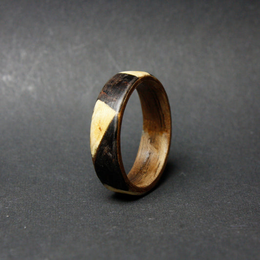 Black and White Bentwood Ring - Walnut Ebony and Maple Wood Ring