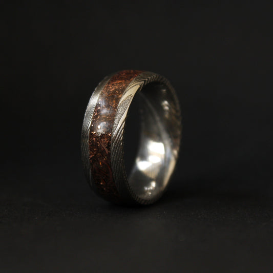 Damascus Steel Ring with Copper Flakes Inlay