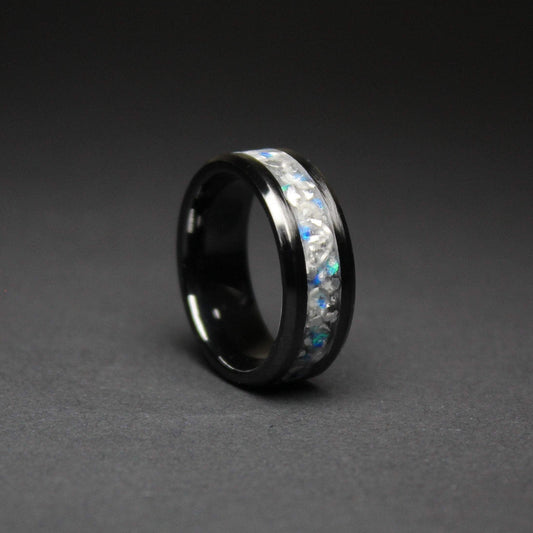 Black Ceramic Ring With Opal Inlay
