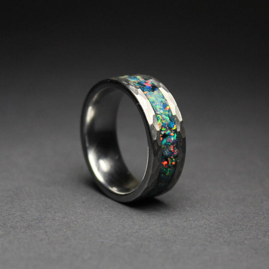 Faceted Tungsten Ring with Opal Inlay
