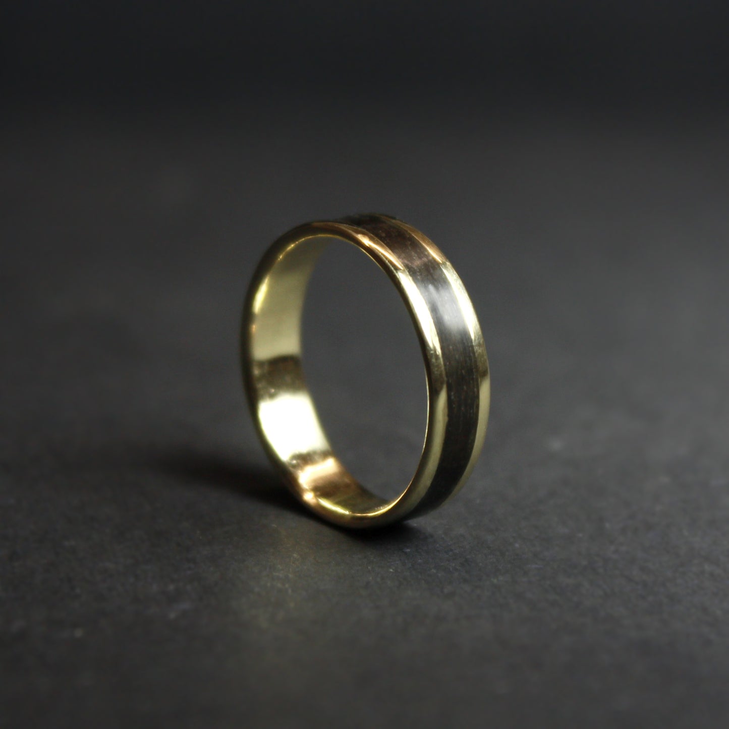 14k Yellow Gold Ring with Smoked Eucalyptus Wood Inlay