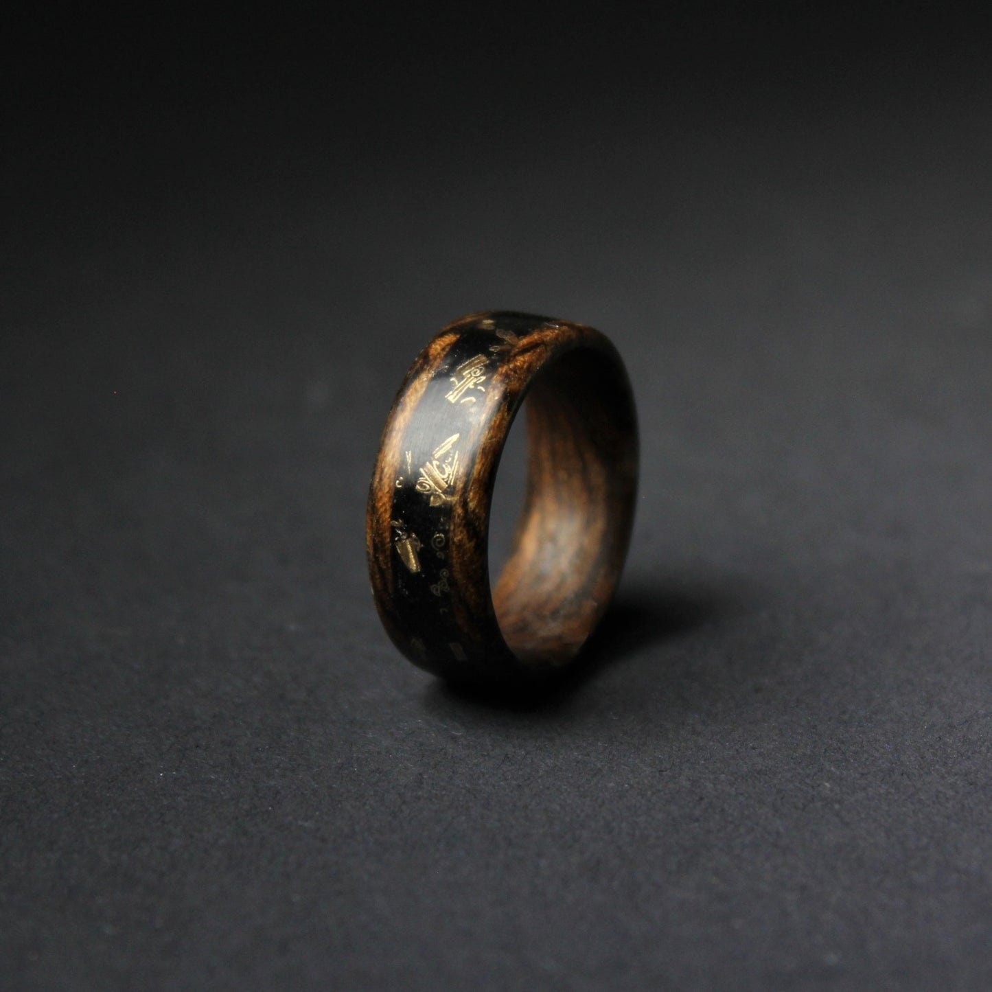 Bocote Wood Ring Inlaid with Crushed Black Stone and Brass Shavings