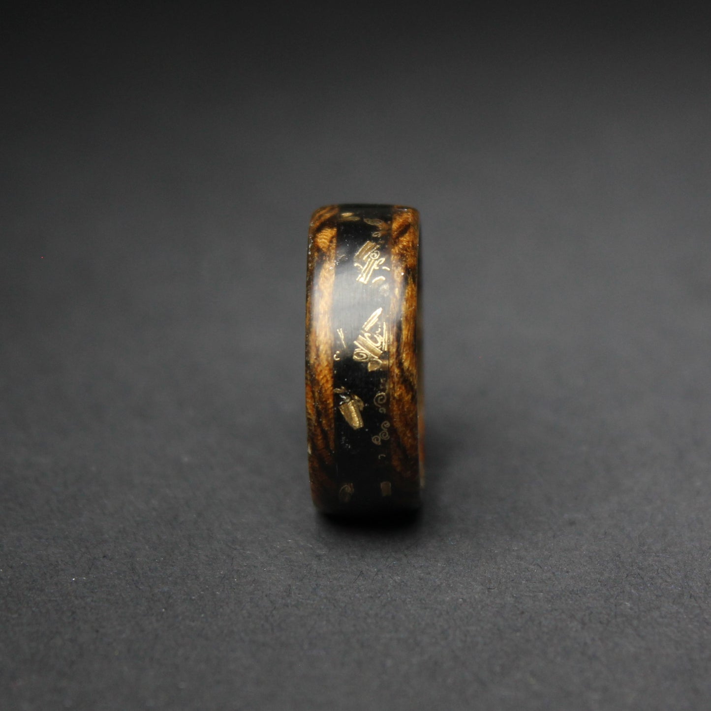 Bocote Wood Ring Inlaid with Crushed Black Stone and Brass Shavings