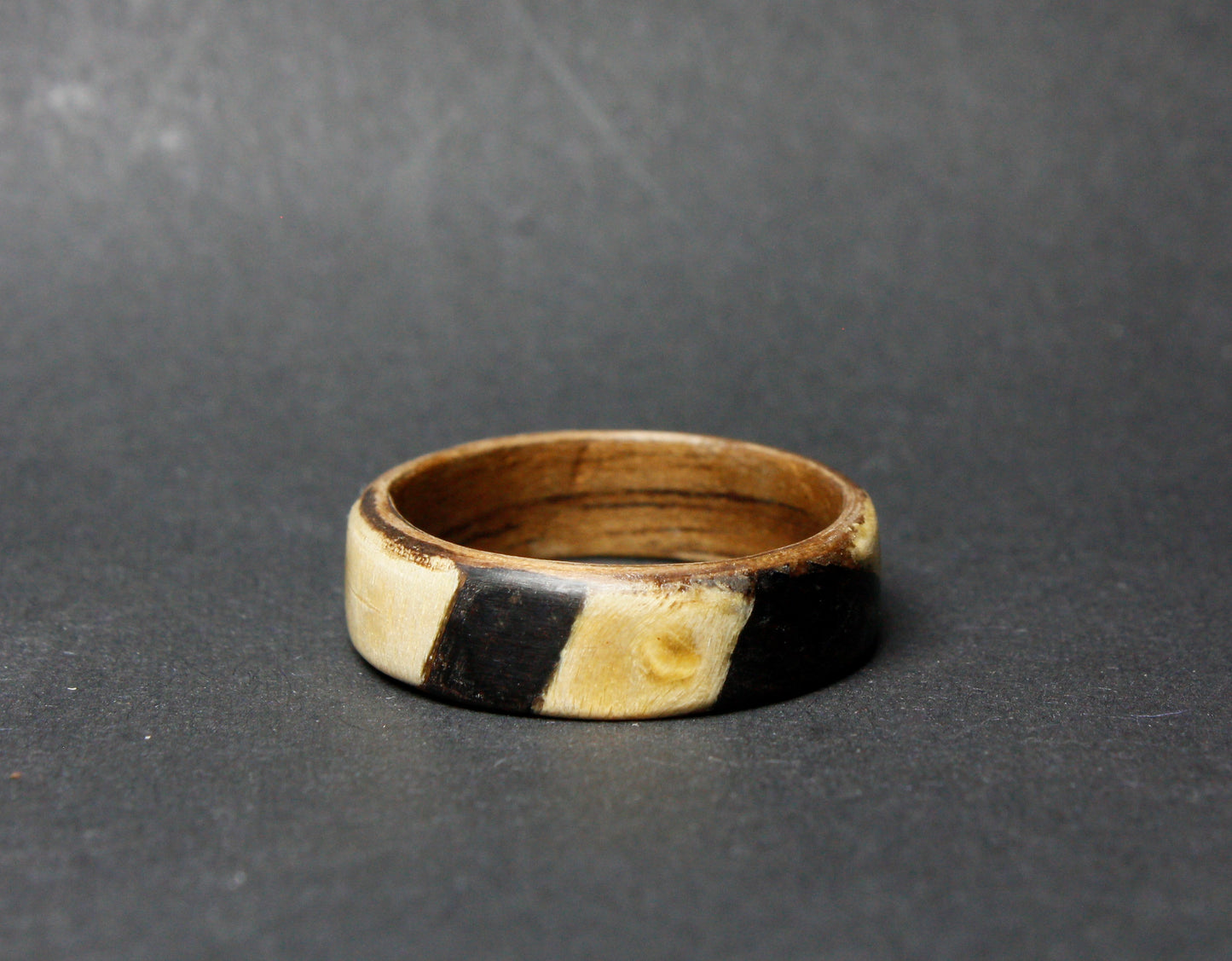 Black and White Bentwood Ring - Walnut Ebony and Maple Wood Ring