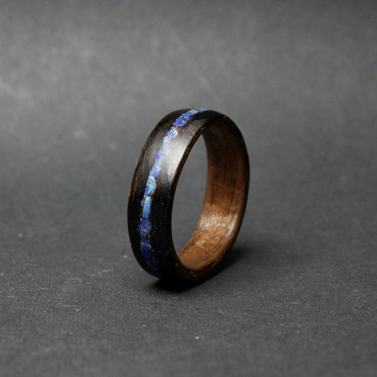 Black Ebony and Walnut Bentwood Ring Inlaid with Crushed Lapis Lazuli