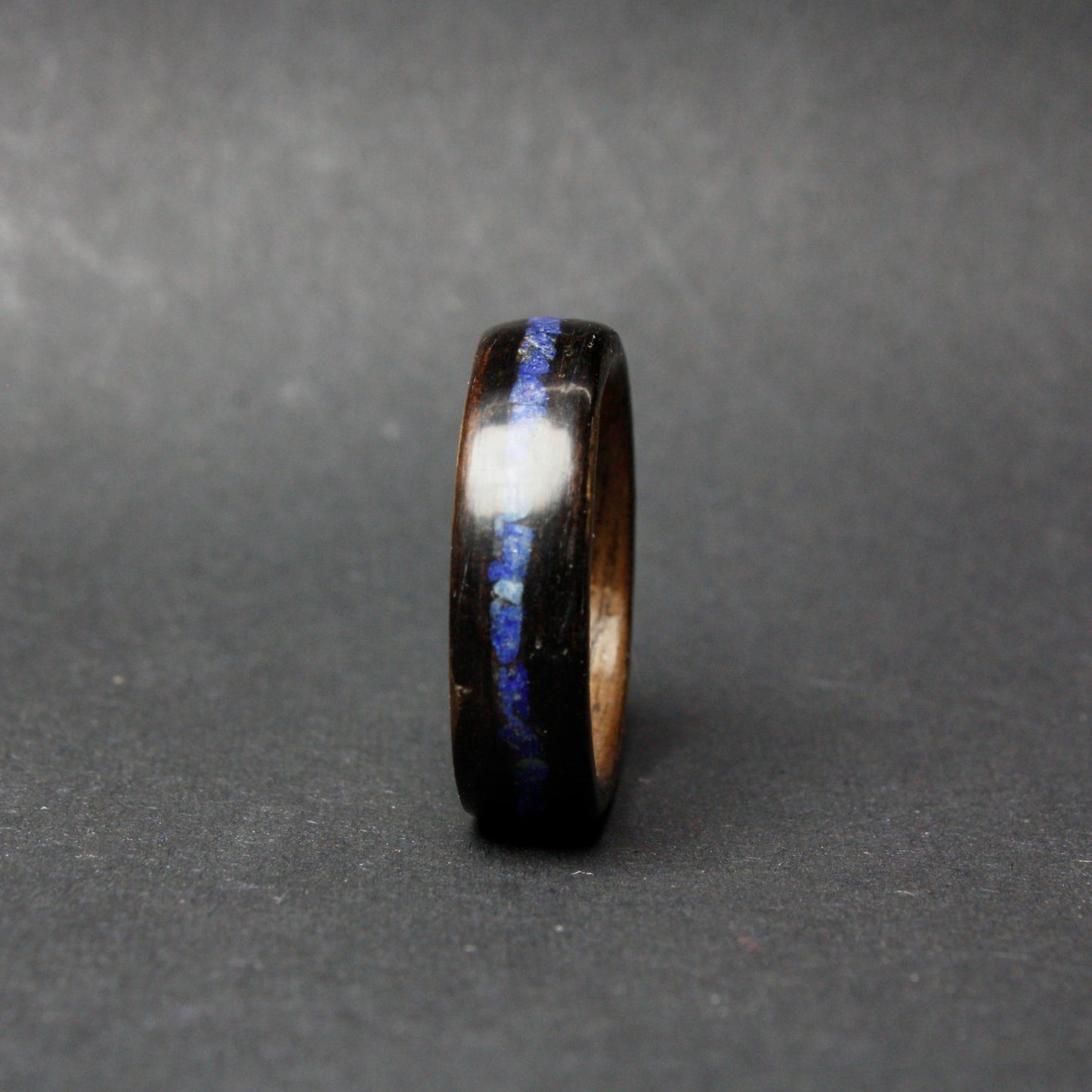 Black Ebony and Walnut Bentwood Ring Inlaid with Crushed Lapis Lazuli