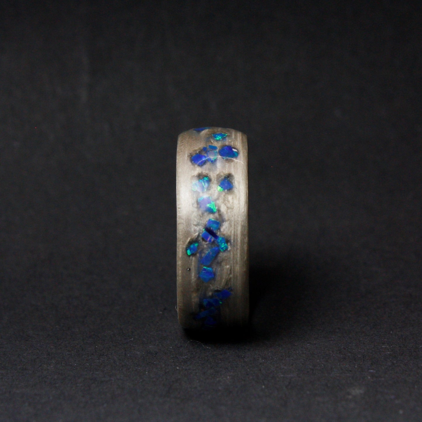 Silver Eucalyptus and Crushed Opal Bentwood Ring - Wood Wedding Band