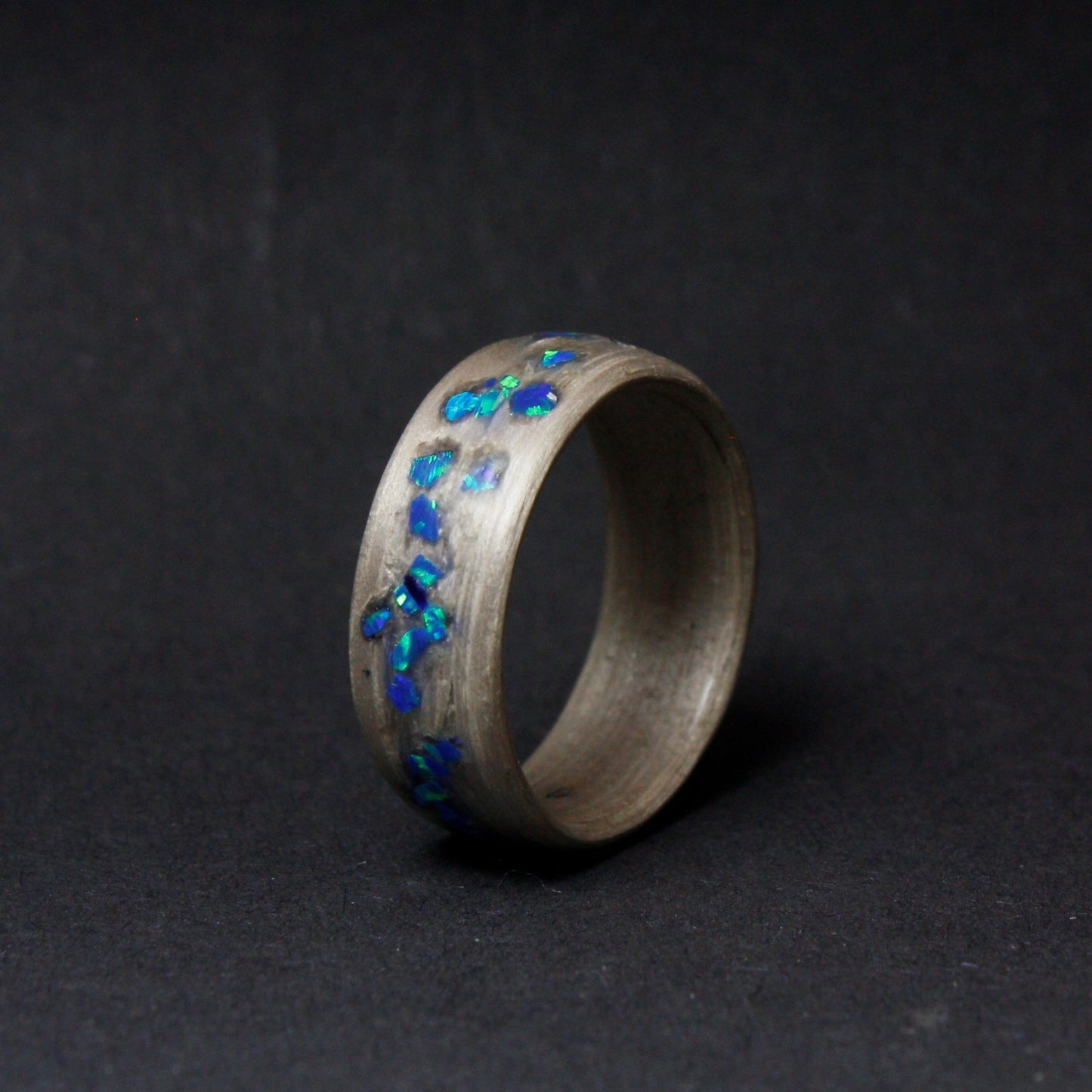 Silver Eucalyptus and Crushed Opal Bentwood Ring - Wood Wedding Band