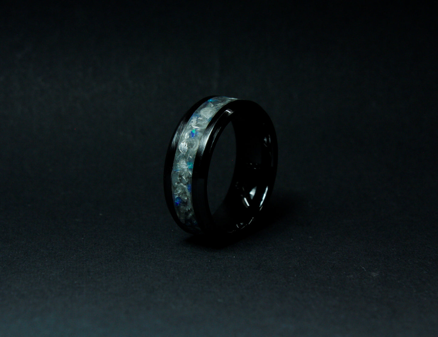 Black Ceramic Ring With Opal Inlay