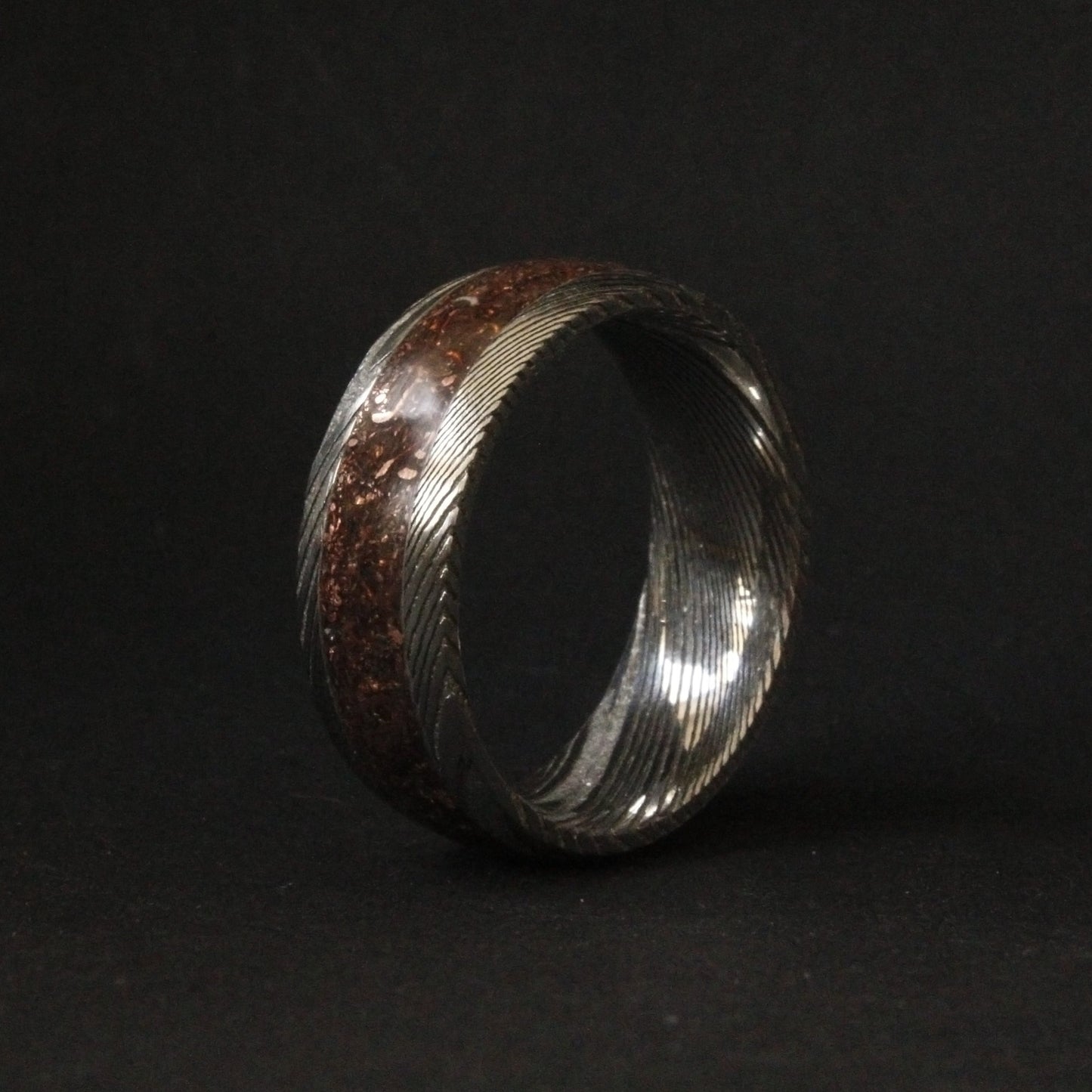 Damascus Steel Ring with Copper Flakes Inlay