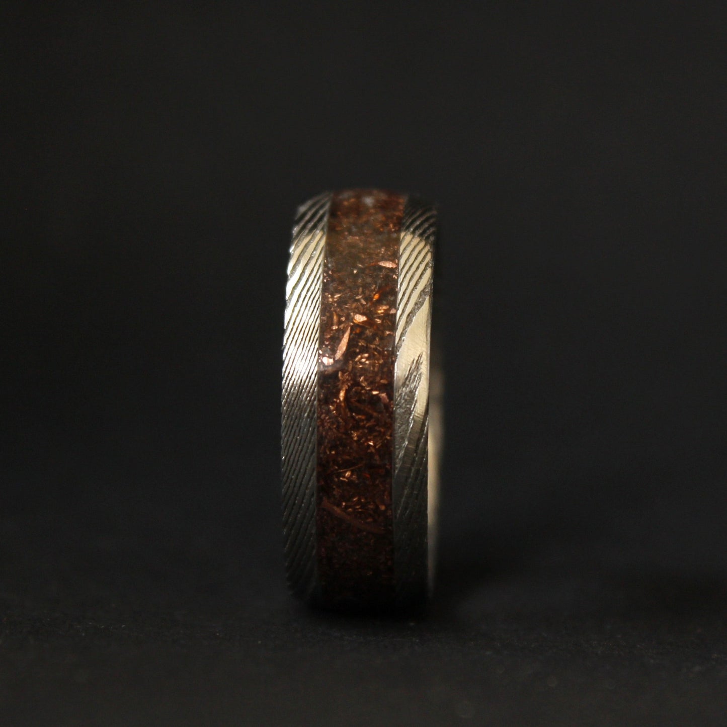 Damascus Steel Ring with Copper Flakes Inlay