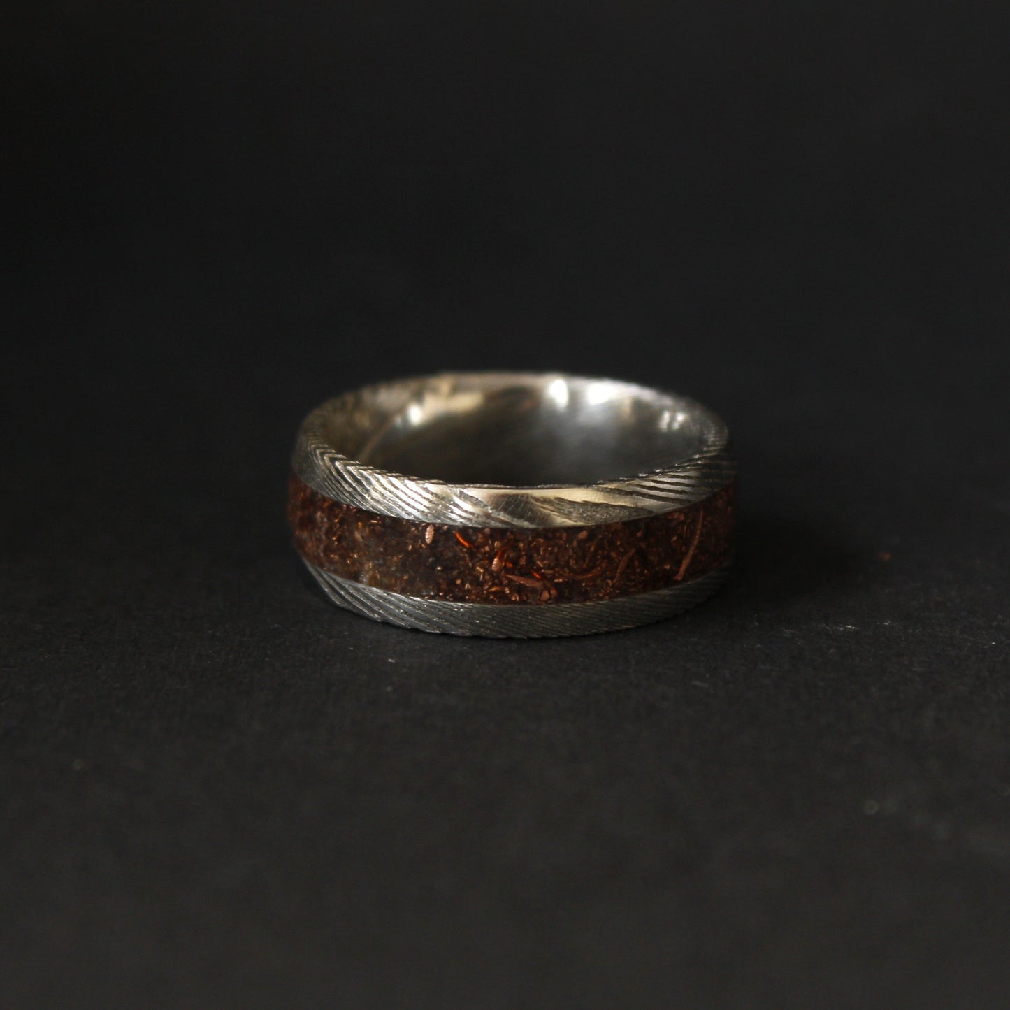 Damascus Steel Ring with Copper Flakes Inlay