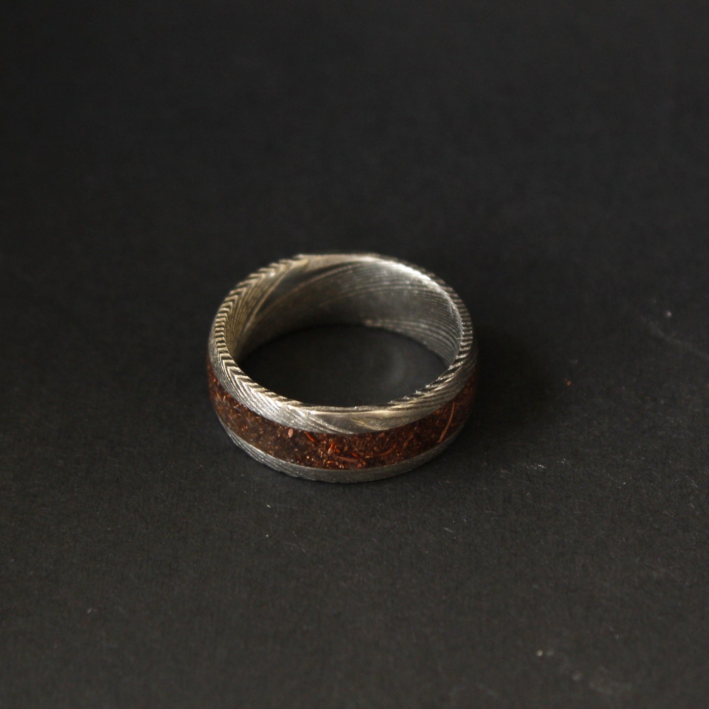 Damascus Steel Ring with Copper Flakes Inlay