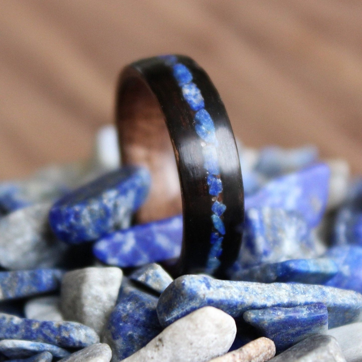 Black Ebony and Walnut Bentwood Ring Inlaid with Crushed Lapis Lazuli