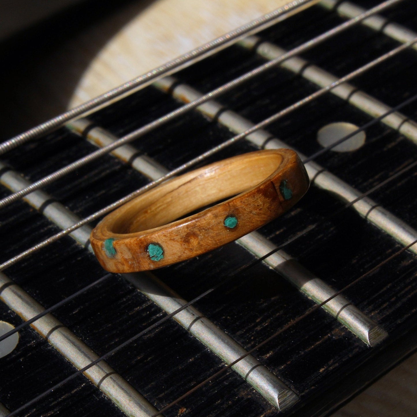 Oak and Olive Ash Bentwood Ring Inliad with Malachite