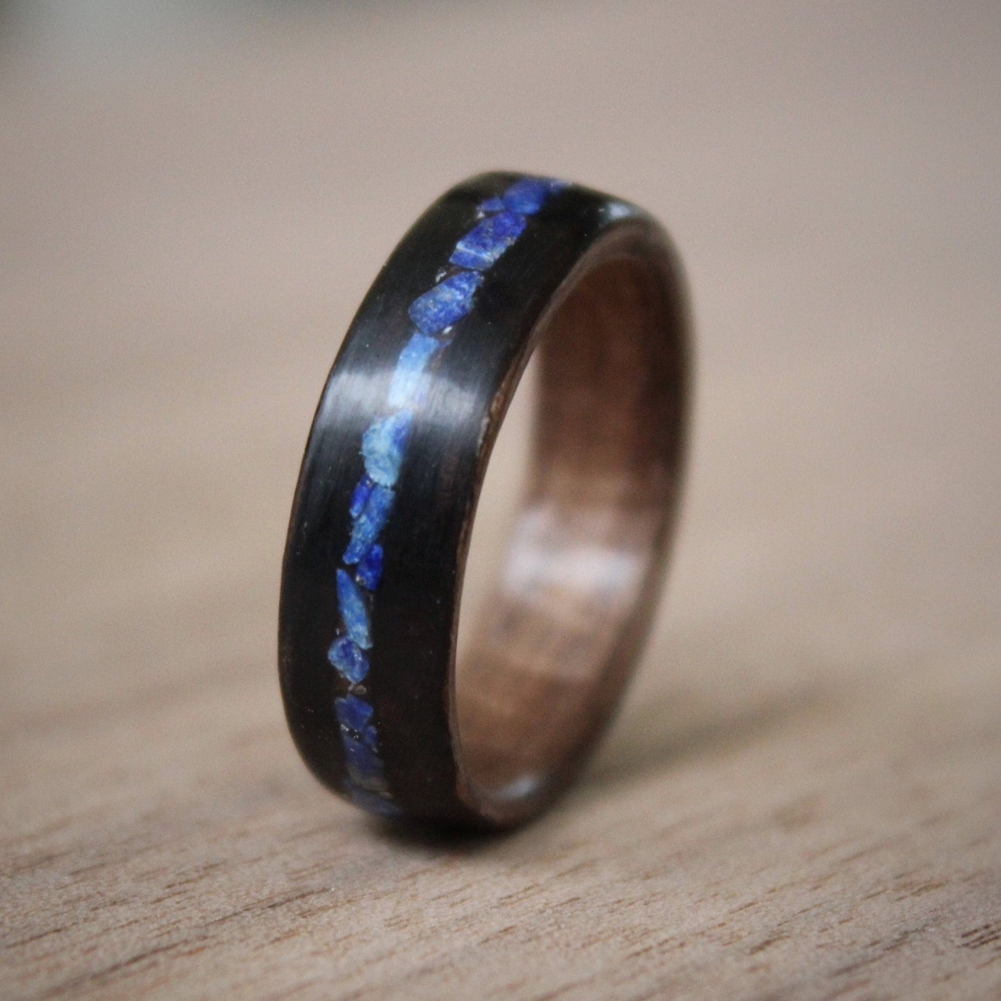 Black Ebony and Walnut Bentwood Ring Inlaid with Crushed Lapis Lazuli