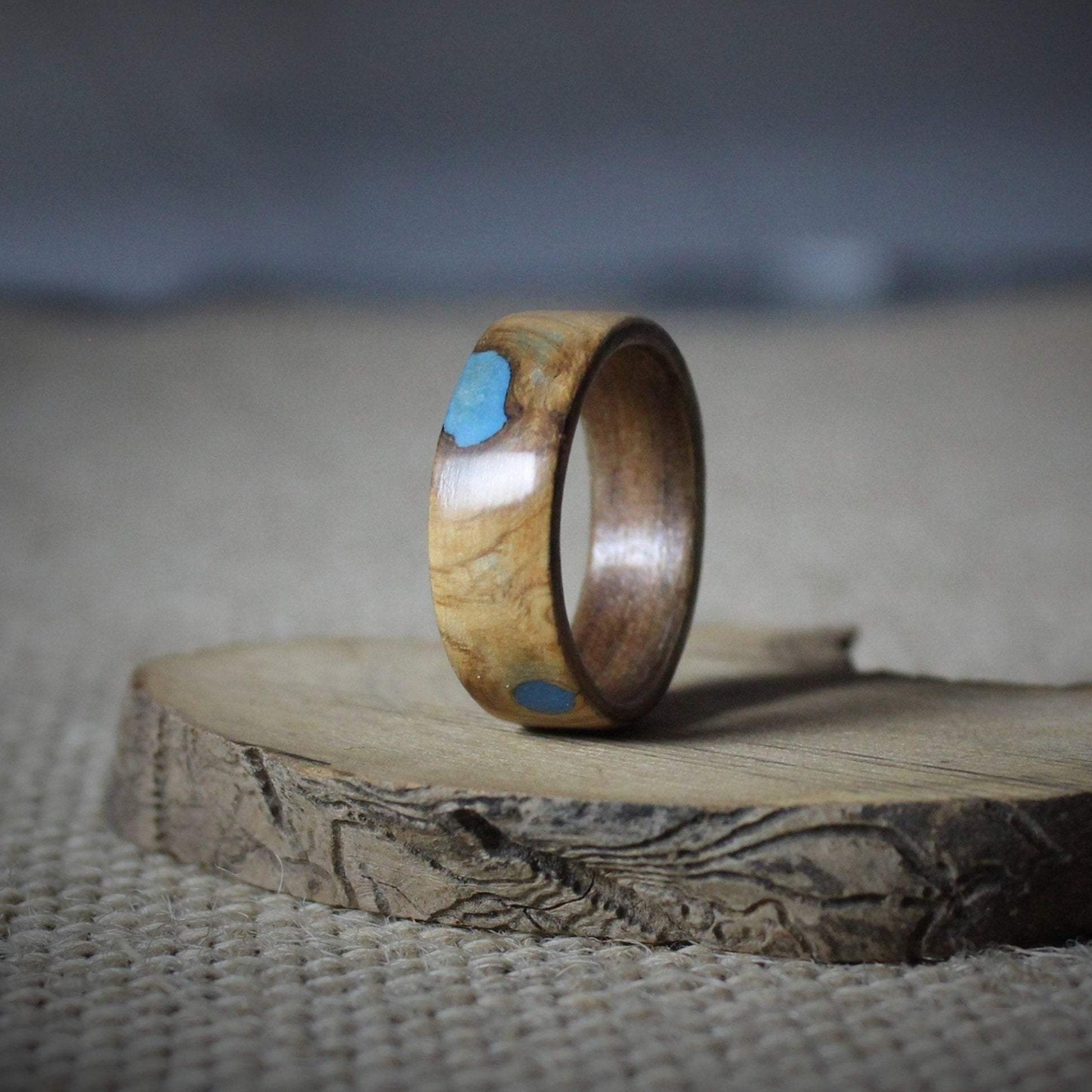 The Bioluminescence Ring - Walnut Olive Ash and Blue Glow Powder Bentwood Ring