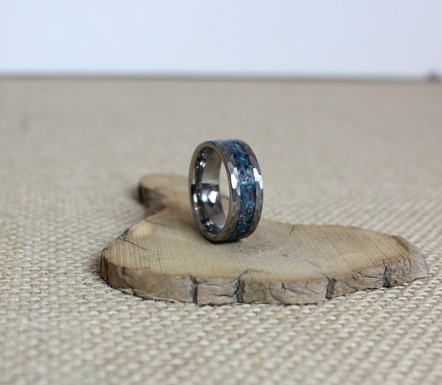 Faceted Tungsten Ring with Opal Inlay