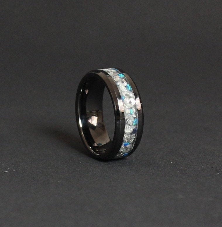 Black Ceramic Ring With Opal Inlay