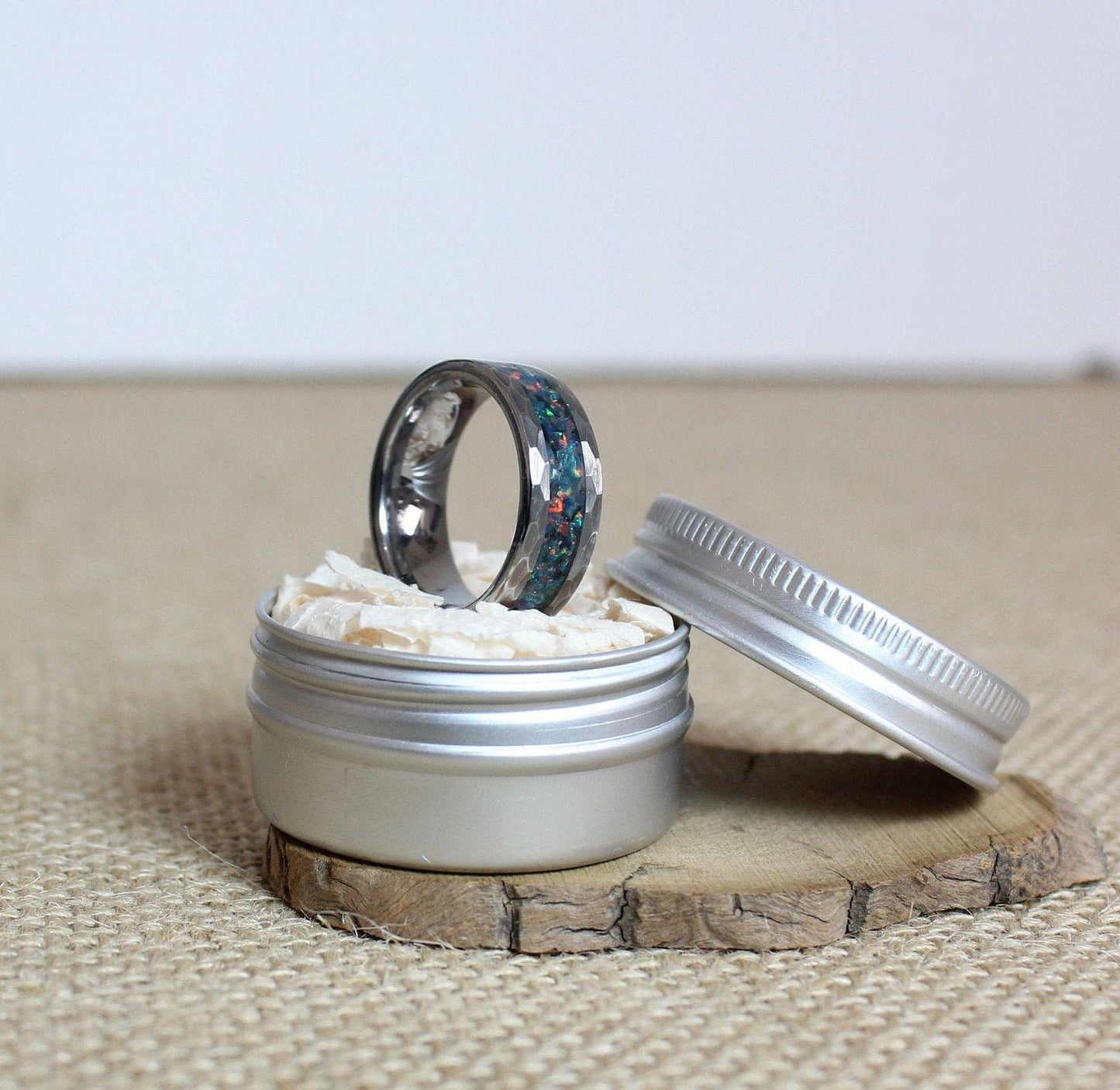 Faceted Tungsten Ring with Opal Inlay