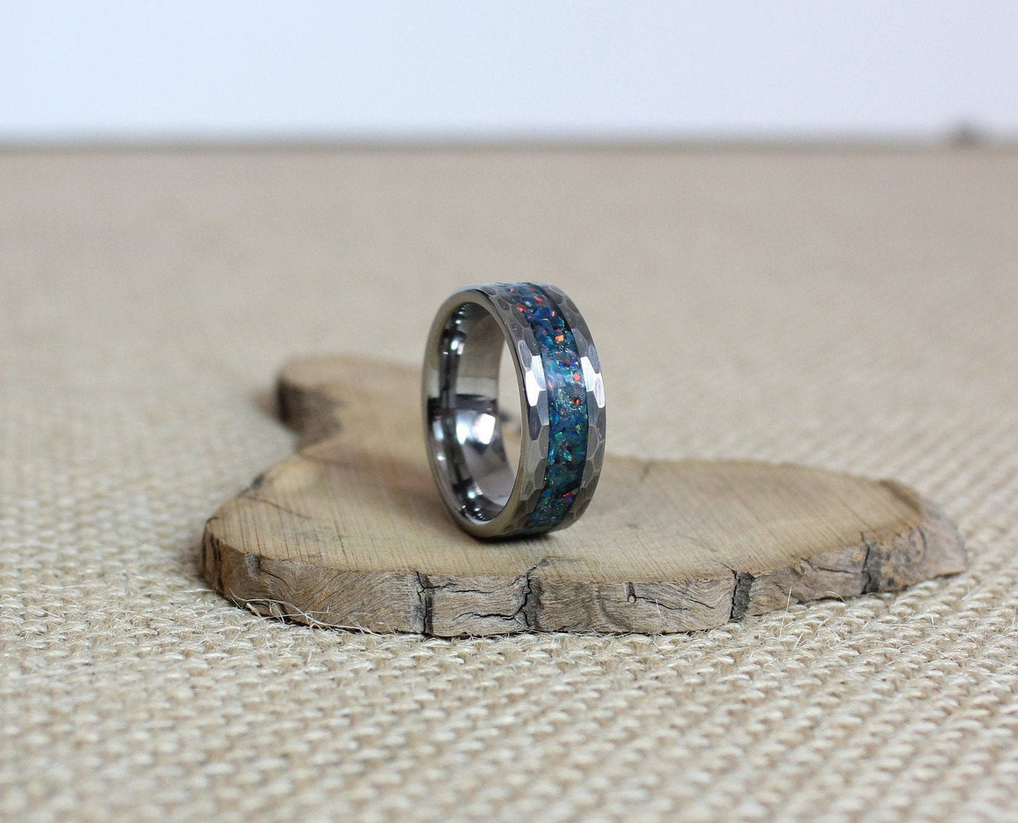 Faceted Tungsten Ring with Opal Inlay