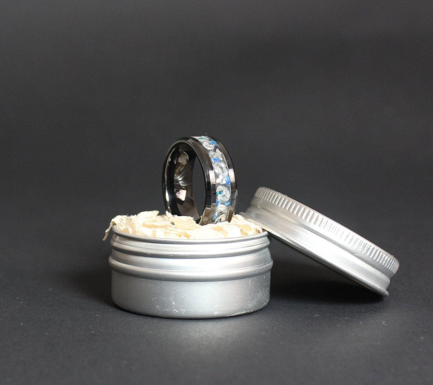 Black Ceramic Ring With Opal Inlay