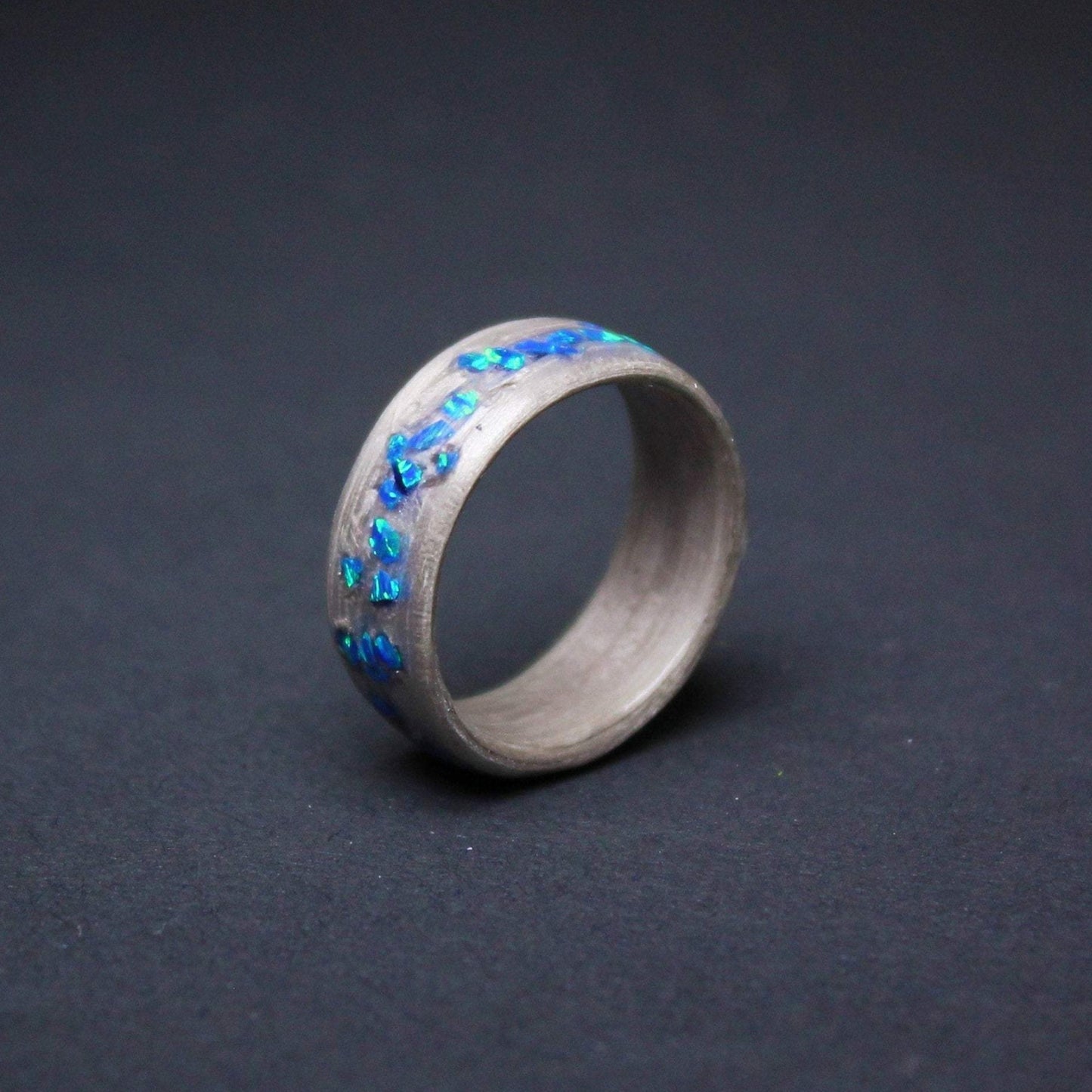 Silver Eucalyptus and Crushed Opal Bentwood Ring - Wood Wedding Band