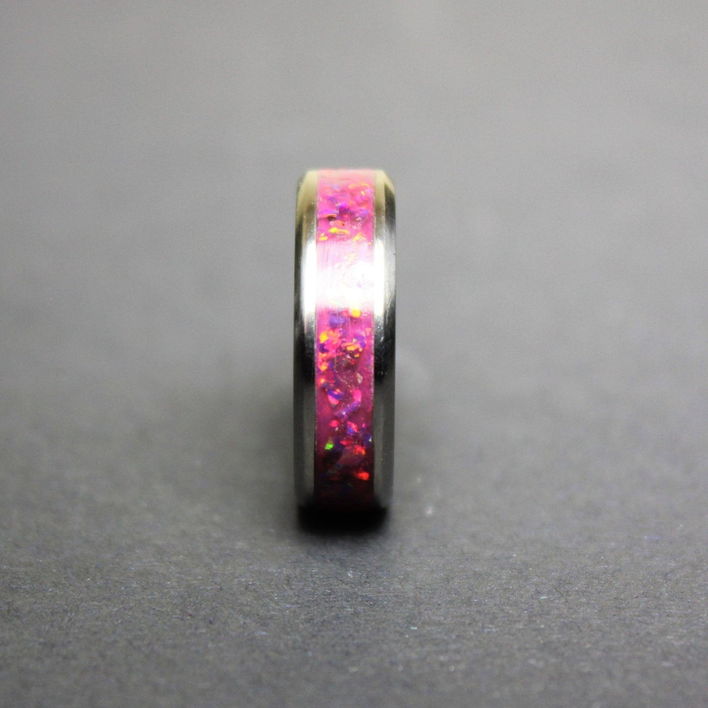 Pink Opal Glow in the Dark Titanium Ring - Women Wedding Band