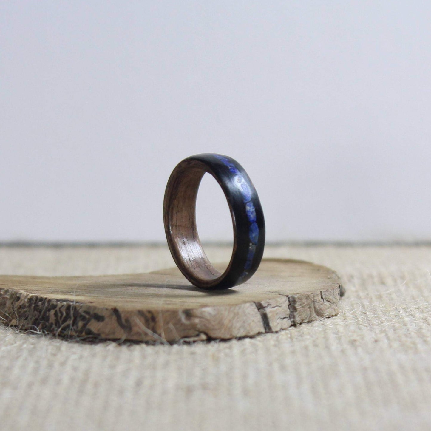 Black Ebony and Walnut Bentwood Ring Inlaid with Crushed Lapis Lazuli