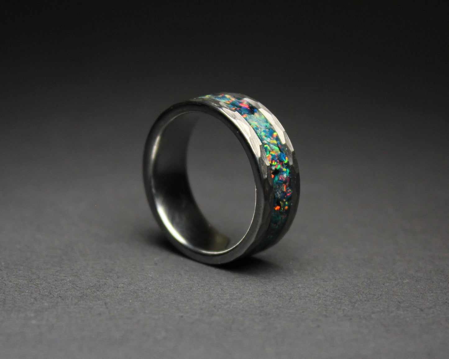 Faceted Tungsten Ring with Opal Inlay