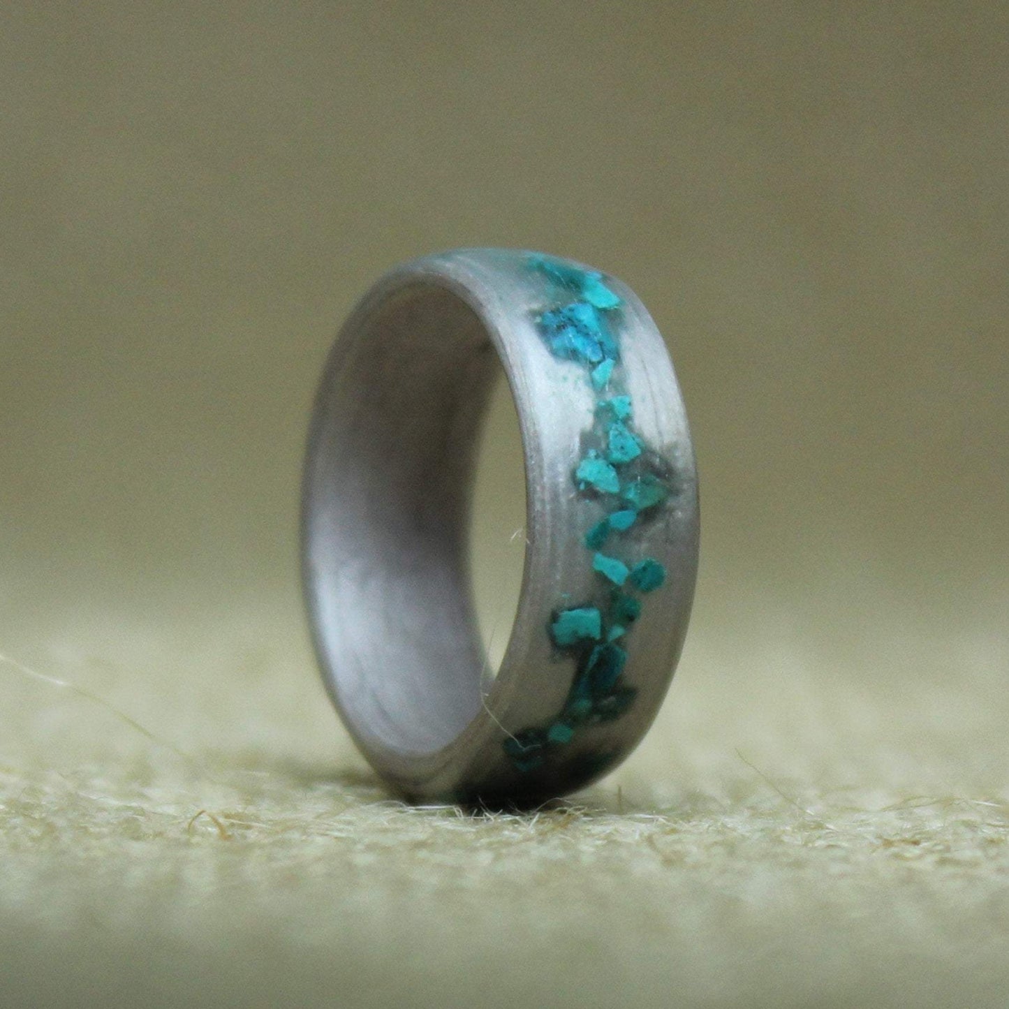 Silver Eucalyptus and Crushed Turquoise Bentwood Ring - Wood Wedding Band