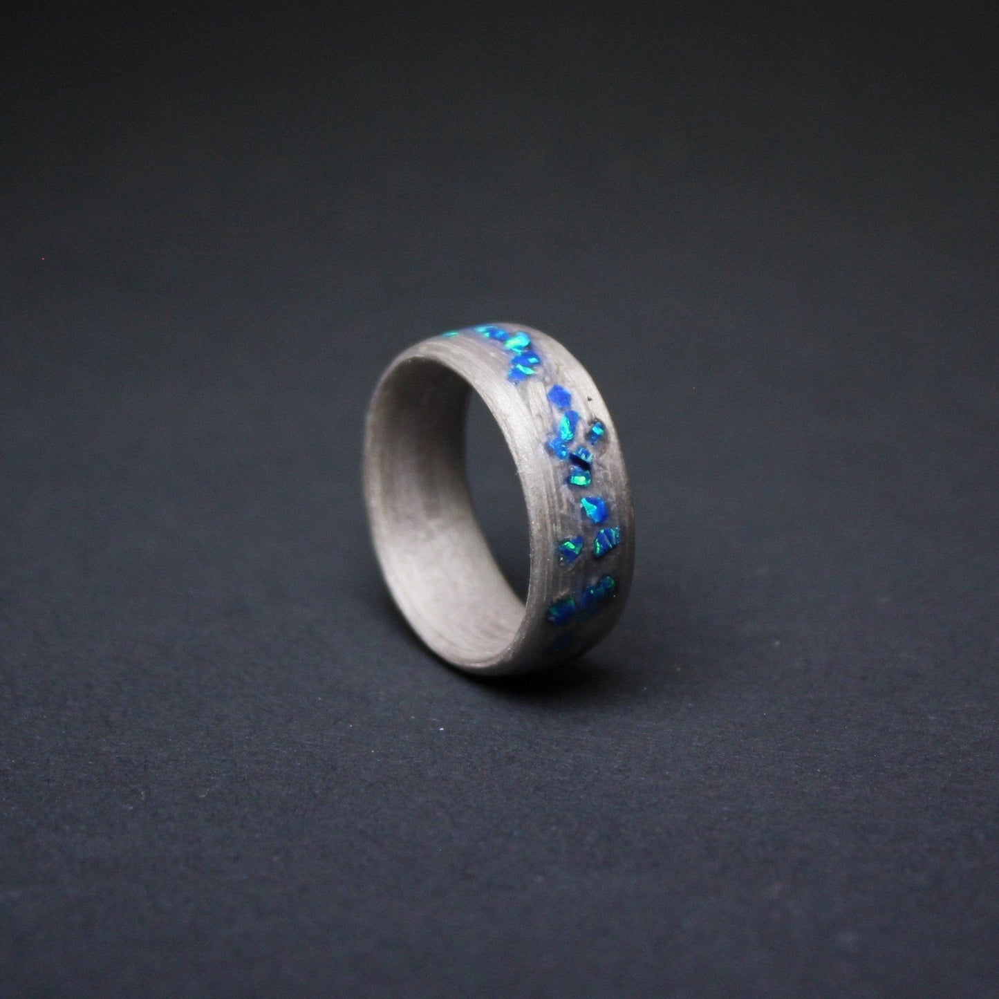 Silver Eucalyptus and Crushed Opal Bentwood Ring - Wood Wedding Band