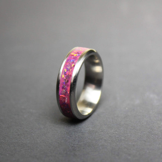 Pink Opal Glow in the Dark Titanium Ring - Women Wedding Band